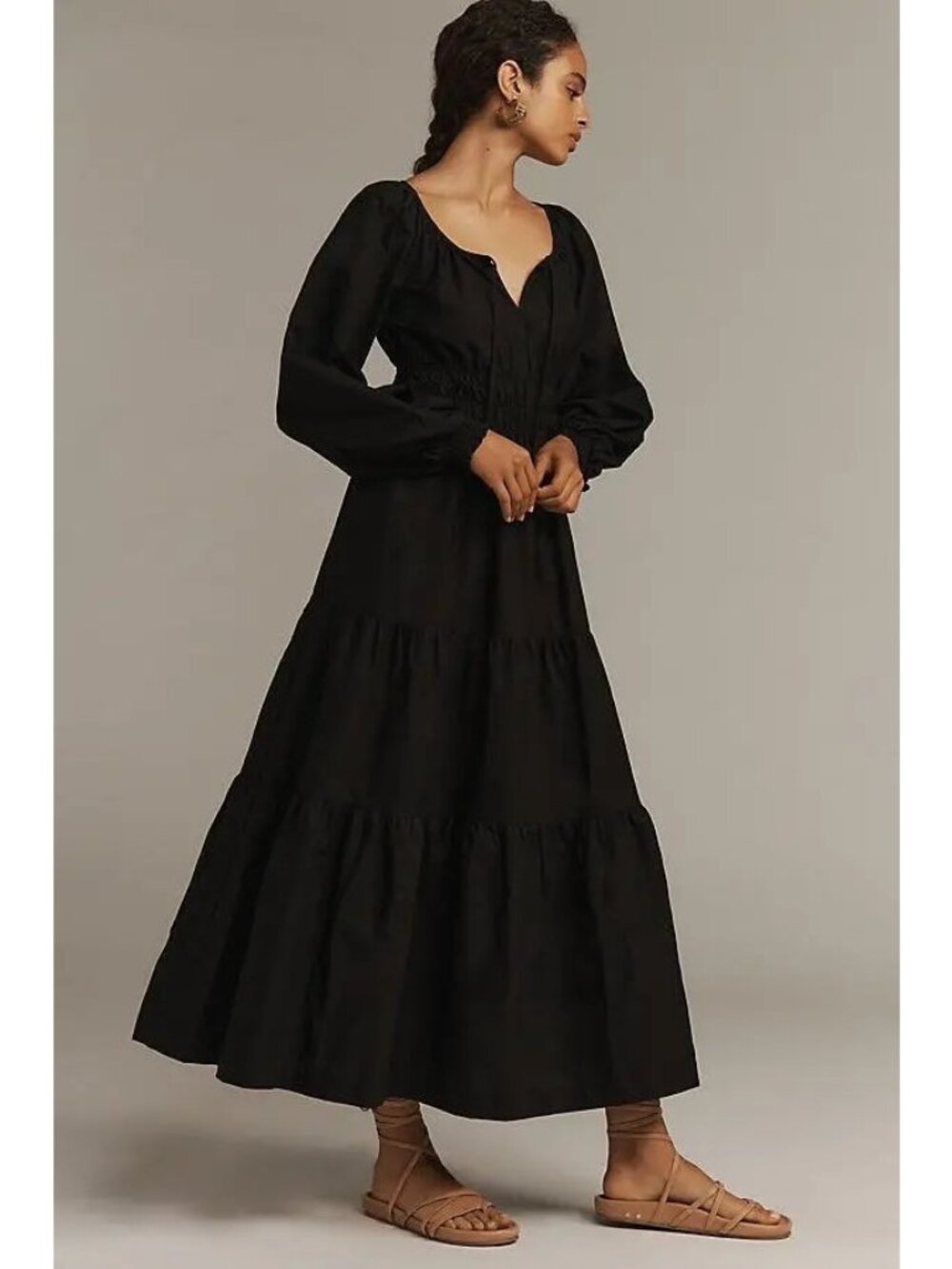 The Iconic Anthropologie Somerset Maxi Dress Long Puff-Sleeve Black Tiered XL